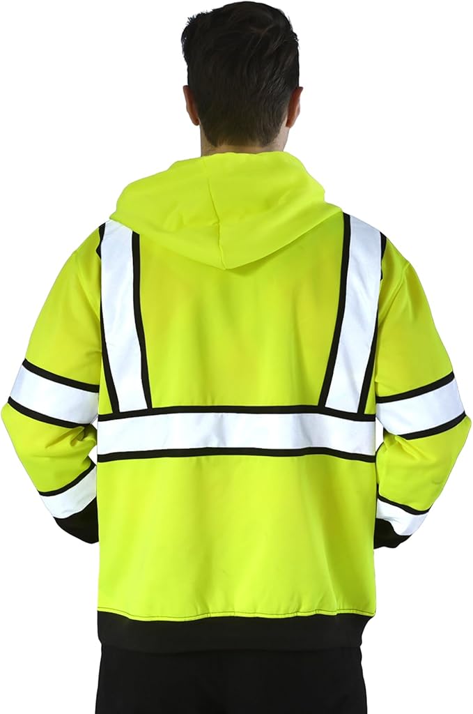 sesafety Hi-Vis Zipper Hoodie, Class 3 Reflective Safety Sweatshirt with Black Bottom, High visibility Jacket for Men