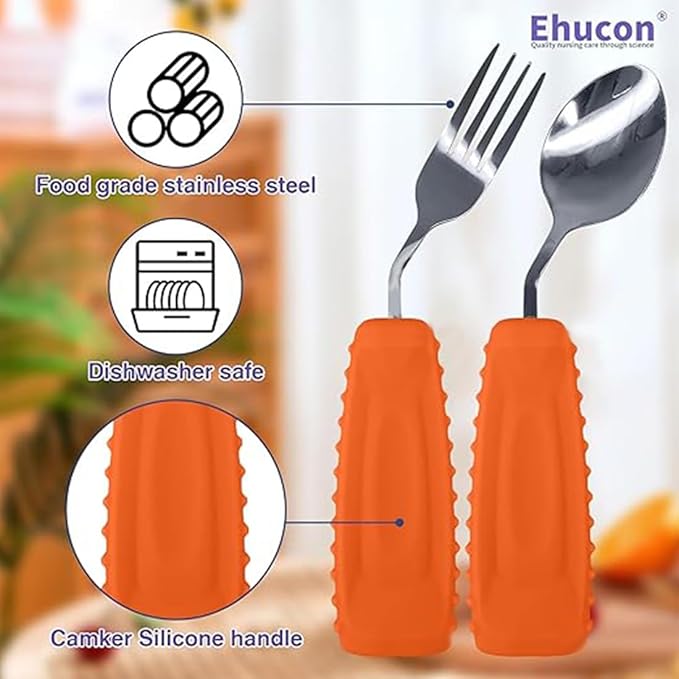 Adaptive Utensils,Weighted Angled Silverware,Parkinsons Aids,Angled Silverware Spoon and Fork Set for Elderly, Arthritis, Dementia, Disable, Handicapped Hands (Left Hand,Pack of 2,Orange)
