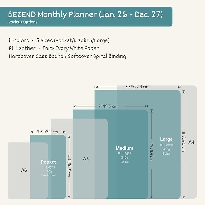 BEZEND Monthly Planner 2026-2027 (Spiral-7" x 9") 2 Year Calendar Book with Note Pages - Jan 26 to Dec 27-120 GSM Paper, Inner Pockets, Laminated Tabs, Vegan Leather Softcover - Mint Green