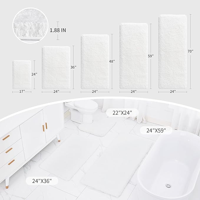 Small Bathroom Rugs 17x24 Non Slip White Fluffy Bath Mat for Bathroom Floor Machine Washable Plush Luxury Bath Rug for Tub Soft Shaggy Absorbent Shower Mat