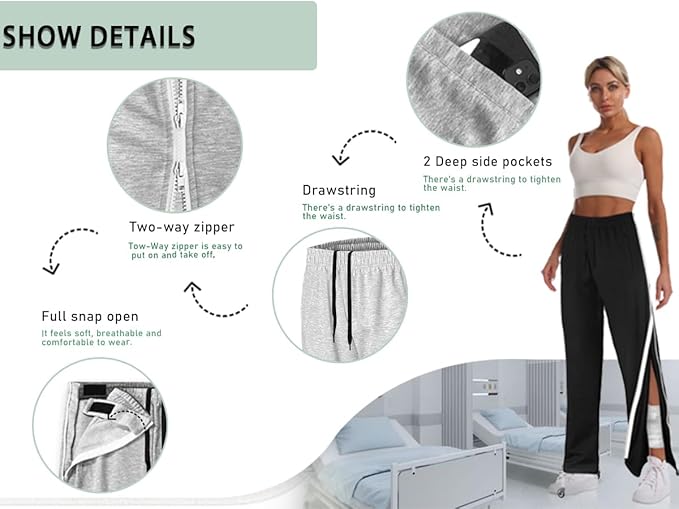 Unisex Tearaway Pants with 2 Side Zippers Snaps for Post Surgery Men Cotton Rip Off Breakaway Pant for Hip Replacement