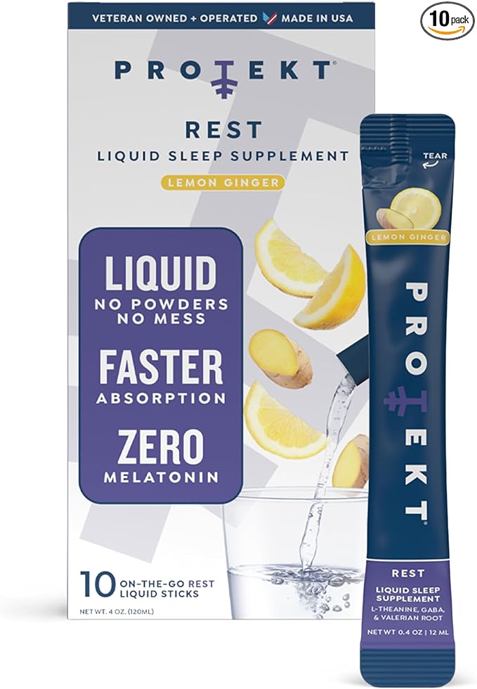 PROTEKT GABA L Theanine Supplement | Melatonin-Free Sleep Aid for Adults | Valerian Root for Night Support & Restful Sleep | GABA Calm Liquid Drink Mix for Adults | Lemon Ginger, Pack of 10