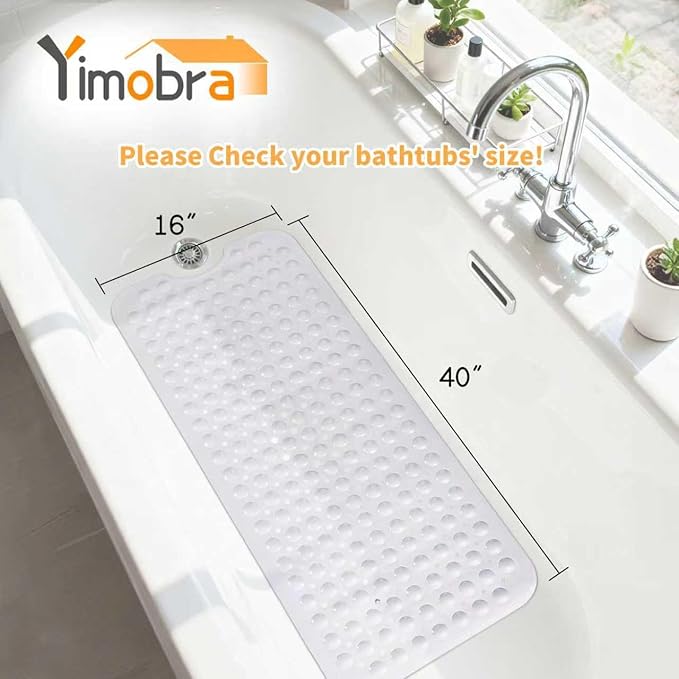 Yimobra Long Bath Tub Mat Non-Slip 40"x16", Super Strong Suction Cups, Shower Mat with Drain Holes, Machine Washable Bathroom Floor Mat, Bathroom Essentials, White