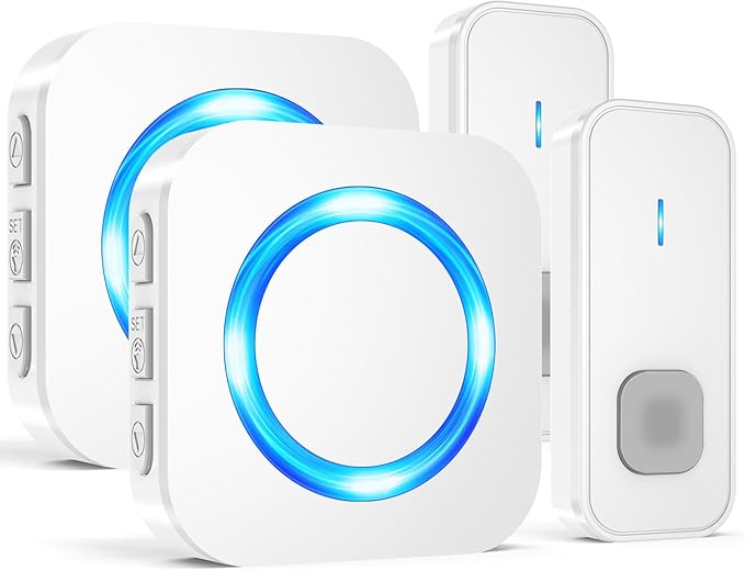 SURFOU Wireless Doorbell,Waterproof Doorbell 2 Push Buttons 2 Plug in Receivers at 1300ft Long Range Door Bell with 55 Chimes 5 Volume Levels Mute Mode LED Flash Wireless Door Bells for Home Classroom
