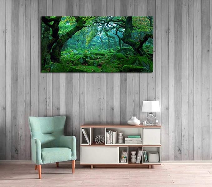 Green Forest Canvas Wall Art Living Room Decoration Big Trees Nature Picture Large Modern Canvas Artwork Contemporary Woods Mossy Rock Spring Season Prints for Kitchen Office Home Decoration 24" x 48"