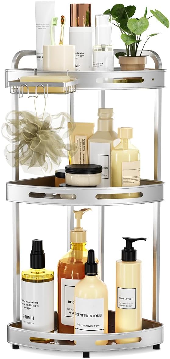 Corner Shower Caddy Standing, 3-Tier Rustproof Shower Organizer with Soap Holder, Aluminum Shower Shelf Stand for Bathroom Storage, Siver
