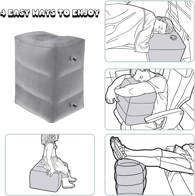 Travel Foot Rest Pillow, Portable Inflatable with Double Hand Pump Adjustable Three Layers Height Pillow for Foot Rest on Airplanes,Cars,Buses,Trains,Office Kids to Sleep on Long Flights (Gray)
