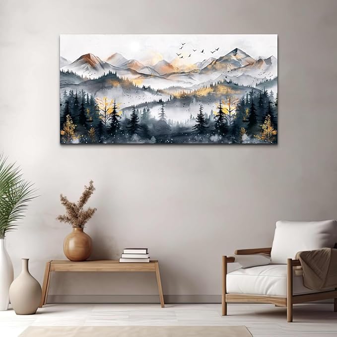 KELIYUAN Abstract Wall Decor Large Wall Art For Living Room Office Decoration Ink Mountain Landscapes Wall Painting Misty Forest Pictures Bedroom Canvas Artwork Ready To Hang Home Decor 24"x48"