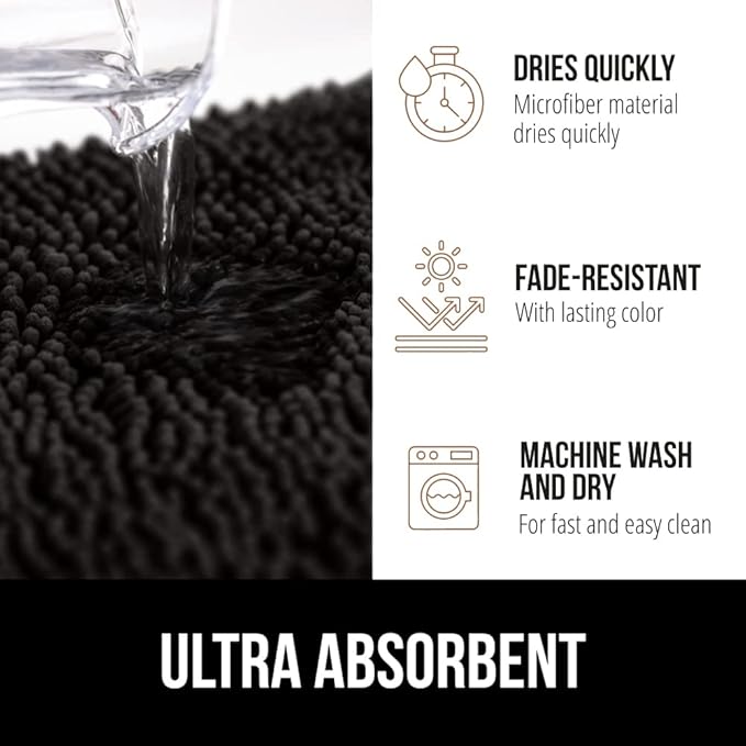 GORILLA GRIP Bath Rug Mat 54x24, Thick Soft Absorbent Chenille, Quick Dry Microfiber Mats, Rubber Backing Washable Shower Floor Rugs, Bathmat Runner, US Designed Bathroom Home Decor Accessories Black
