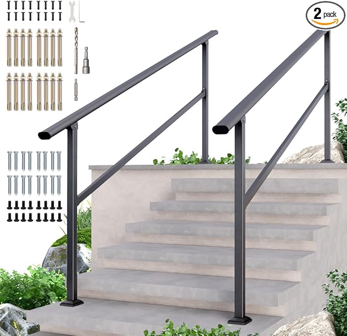 DIYHD 7 Step Handrail for Outdoor,Powder Coated Iron Stair Railing,Black Hand Rails for Indoor, Porch,Deck,2 Pack