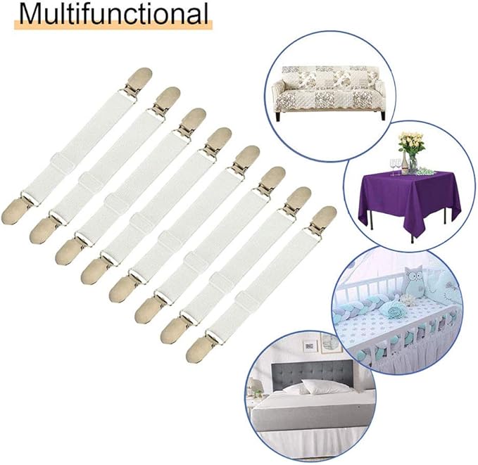 8Pcs Adjustable Bed Sheet Straps Clips, Elastic Mattress Sheet Fasteners Holder and Suspenders, Grippers to Hold Sheet, Mattress, Sofa, Couch, Table Cloth, Recliner Ironing Board Cover and More