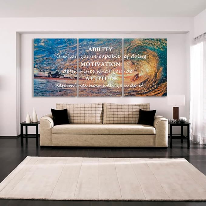 Unbruvo Motivational Wall Art for Office, 3 Pieces Canvas Painting with Inspirational Quotes, Ability Motivation Attitude Prints for Living Room Bedroom Study Room Decor (48" W x 24" H)