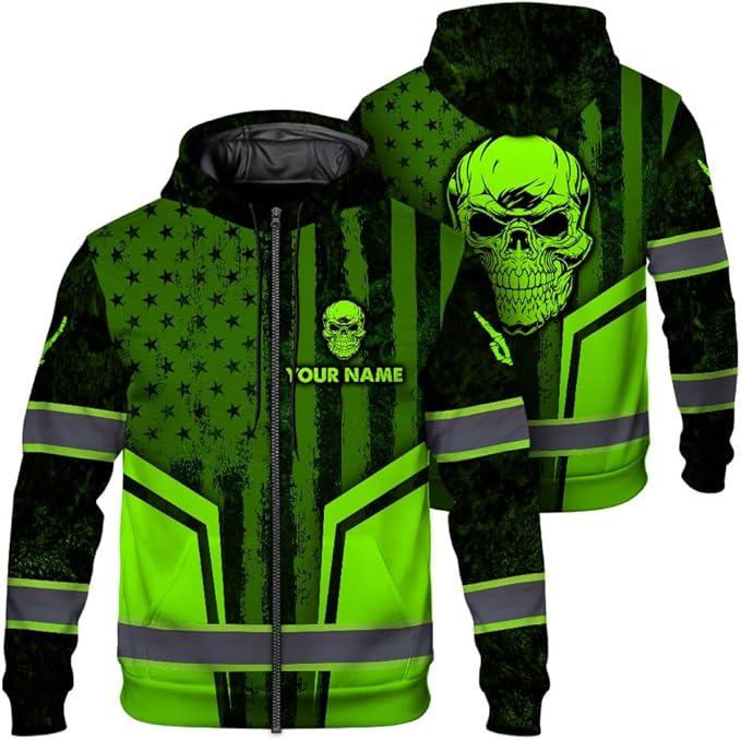 Maddly Hi Vis Reflective Zip Up Hoodie, High Visibility Safety Jacket with Skull Design for runner, worker, trucker, cyclist