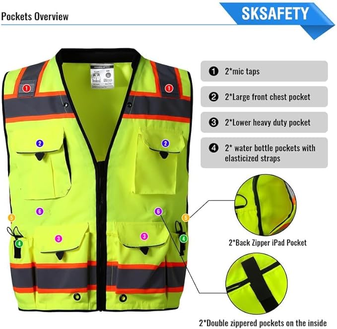 SKSAFETY 12 Pockets Professional level Safety Vest, Class 2 High Visibility Vest, ANSI/ISEA