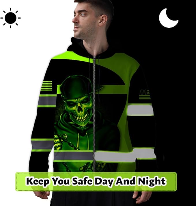 Maddly Hi Vis Reflective Zip Up Hoodie, High Visibility Safety Jacket with Skull Design for runner, worker, trucker, cyclist