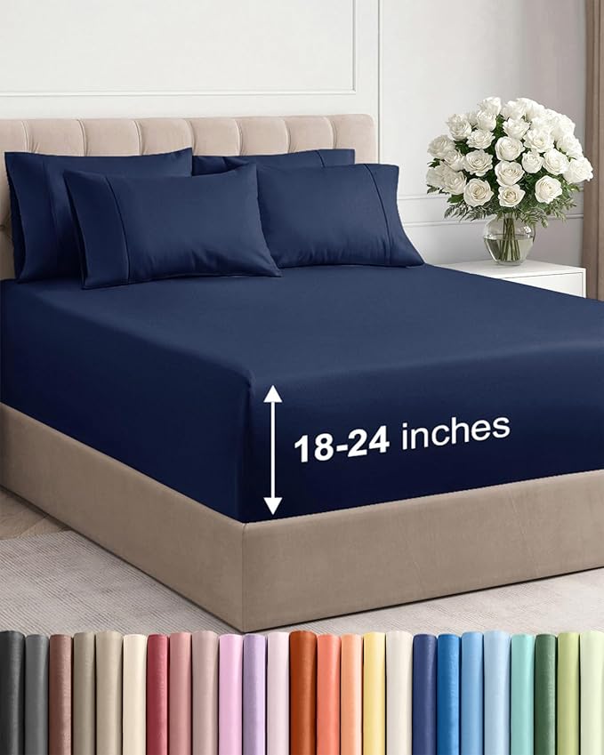 Extra Deep Queen Sheet Set - 6 Piece Breathable & Cooling Sheets - Hotel Luxury Bed Sheets Set - Easy & Secure Fit - Soft, Wrinkle Free & Comfy Sheets Set - Navy Blue Sheet Set with Extra Deep Pockets