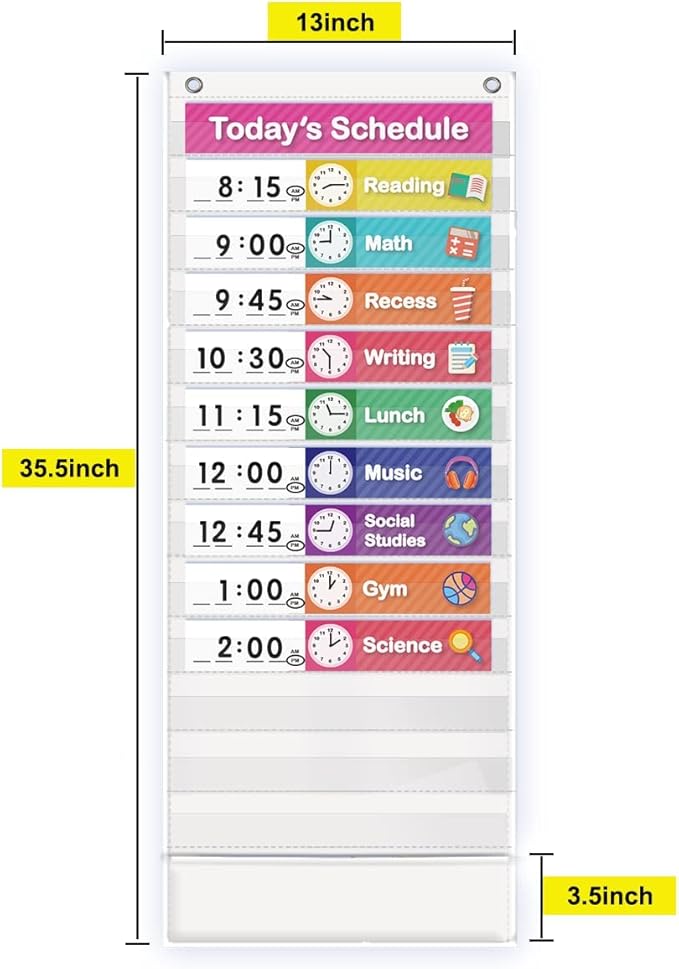 Eamay Daily Schedule Pocket Charts, Teaching Scheduling Pocket Chart, Hoom, Eamay Daily Scheduling Pocket Chart, Pocket Chart with 13+1 Pockets, 18pcs Dry Erase Cards and 2 Hooks (White)