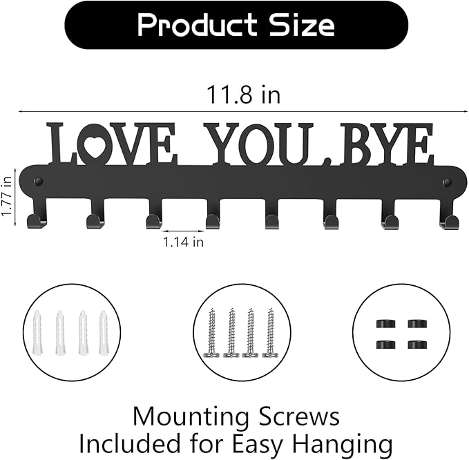Key Holder for Wall - 'Love You Bye' Key Hooks,Key Holder Wall Mount Self Adhesive, Key Rack Wall Mount for Wall No Drill for Living Room, Kitchen, Bathroom, Garage (White, 6 Hooks)