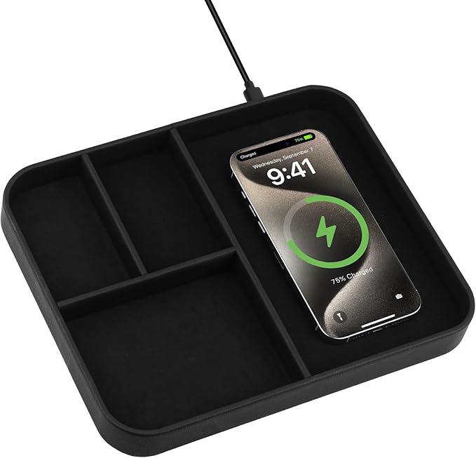 Birthday Gifts Bedside Organiser-Faux Leather Valet Tray With Wireless Charger For Phone And Earbuds,Nightstand Organizer,Mens Jewelry Box,Office Desk Organizers