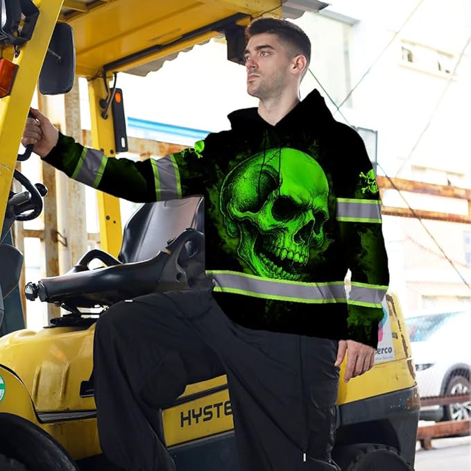 Matedecor Skull US Flag Reflective High Visibility Hoodie For Men Construction Hi Vis Safety Workwear Custom Name
