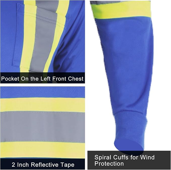 FONIRRA Hi Vis Shirts for Men Reflective ANSI Class 2 Safety Long Sleeve High Visibility Work Construction T Shirts Blue