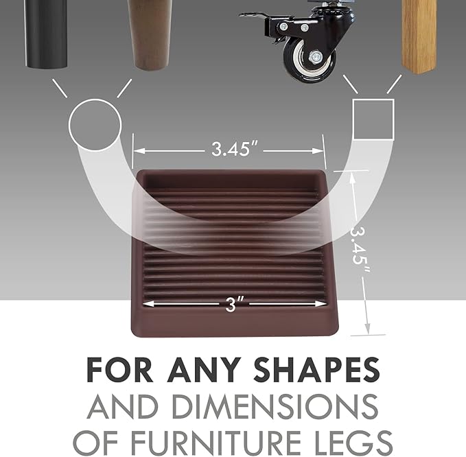 3X3 Rubber Caster Cups, Non Slip Furniture Pads, Anti-Slip Furniture Gripper, Anti Skid Furnitures Feet, Anti Slide Floor Protector for Bed Couch Stoppers (Brown, 4 Pack)