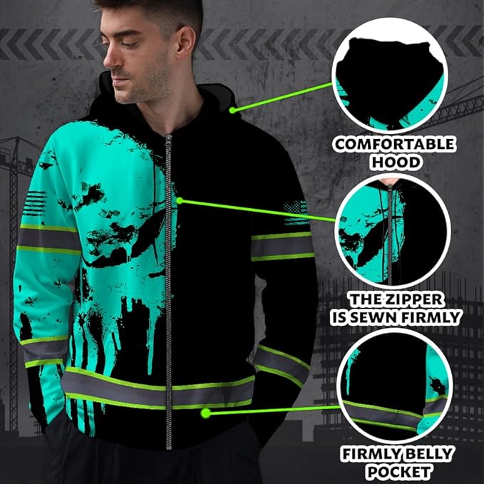 Maddly Hi Vis Reflective Zip Up Hoodie, High Visibility Safety Jacket with Skull Design for runner, worker, trucker, cyclist