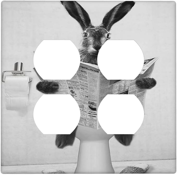 Funny Retro Cute Animals Grey Black Rabbit Outlet Covers 2-Gang Duplex Light Switch Cover Plate Decorative Gfci Wall Plate Electrical Receptacle Switchplate Plug Faceplate for Bathroom Decor
