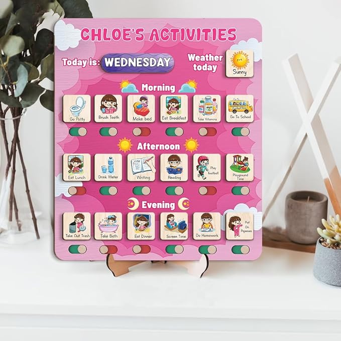 Personalized Wooden Daily Routine Chart 12x14", Visual Schedule, Daily Responsibilities for Kids, Morning Bedtime Routine Chart for Toddlers (10)