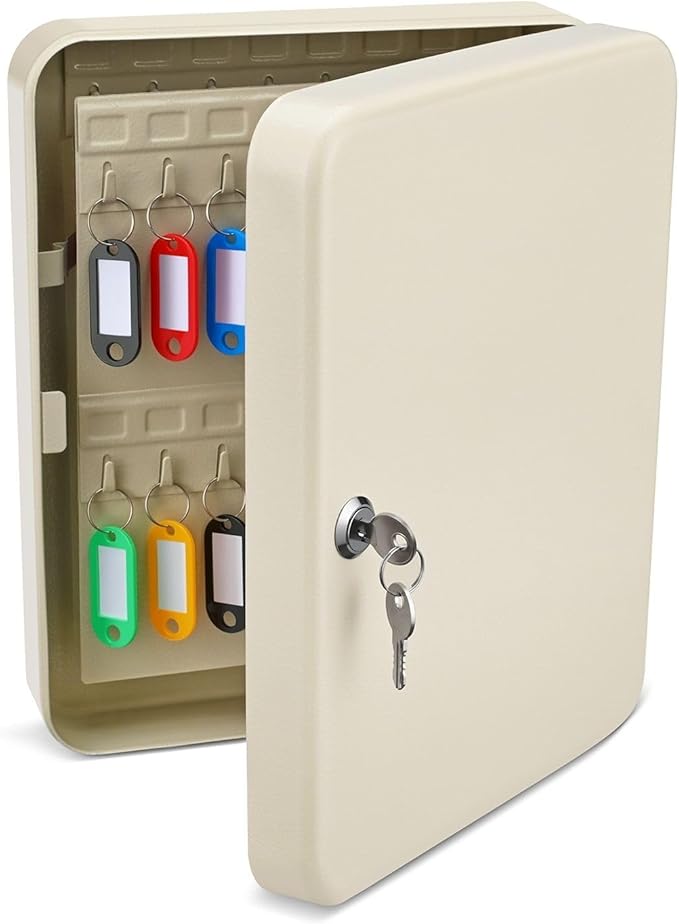 Flexzion Key Box Wall Mount with Code, Key Cabinet with 60 Key Holder Organizer Locker Case, Colored Key Tags & Hooks Wall Mounted Lock Box for Keys Storage, Homes, Property, Hotels, Business (Gray)