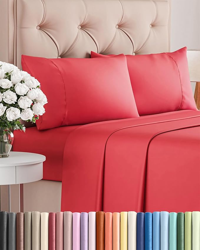 Twin 4 Piece Sheet Set - Cooling and Breathable Bed Sheets - Hotel Luxury Bed Sheets for Women, Men, Kids & Teens - Comfy Bedding with Deep Pockets & Easy Fit - Soft and Wrinkle Free - Twin Red Sheets