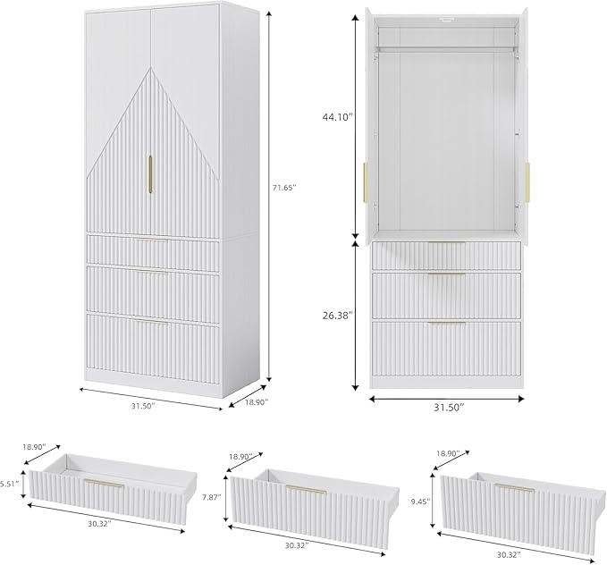 71.7" Wardrobe Armoire Wooden Closet with 2 Doors and 3 Drawers, Bedroom Armoire with Hanging Rod Shelf, Large Capacity Storage Wardrobe Armoire, Freestanding Wooden Closet Storage Cabinet White