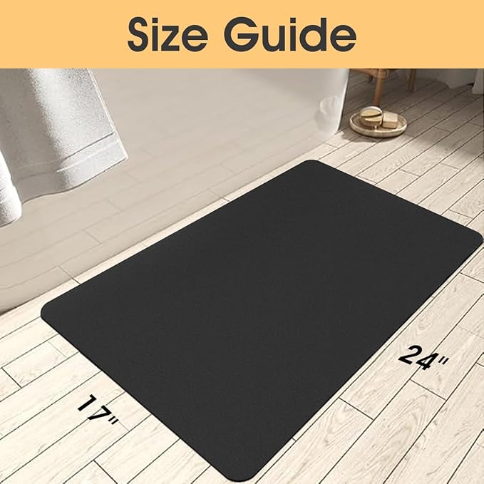 Ultra Thin Bath Mat, Upgrade Backing Non Slip Thin Bath Mats Fit Under Door, Quick Dry Ultra Absorbent Bathroom Rugs, Machine Washable Bath Rugs for Bathroom, Bathtub & Kitchen, Black/Solid/24"x17"