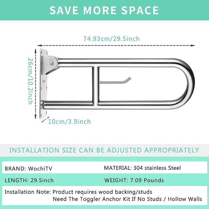 29.5 INCH Stainless Toilet Safety Rails,Disabled Flip-Up Bathroom Grab Bar with Paper Holder,Toilet Handrails Hand Grips Handle Shower Assist Aid, WochiTV Handicap Grab Bars for Elderly