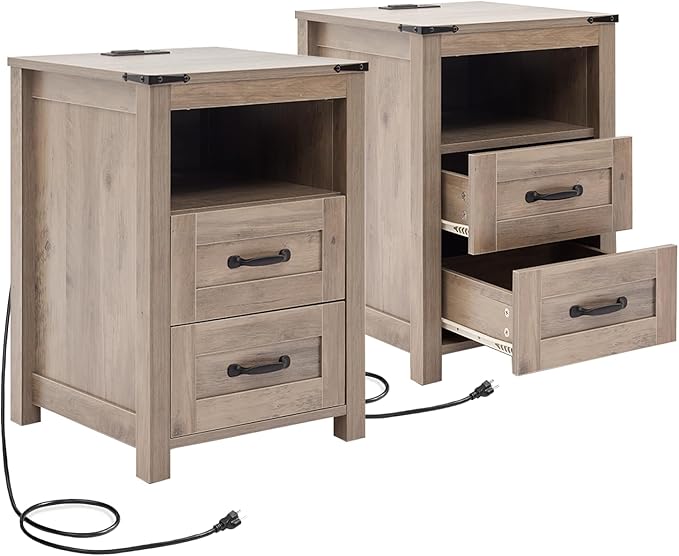 Sierra Night Stand Set of 2, Rustic End Table with Charging Station, Farmhouse Tall Nightstand for Bedroom, Drawer Dresser Bedside Table with Open Storage Shelf