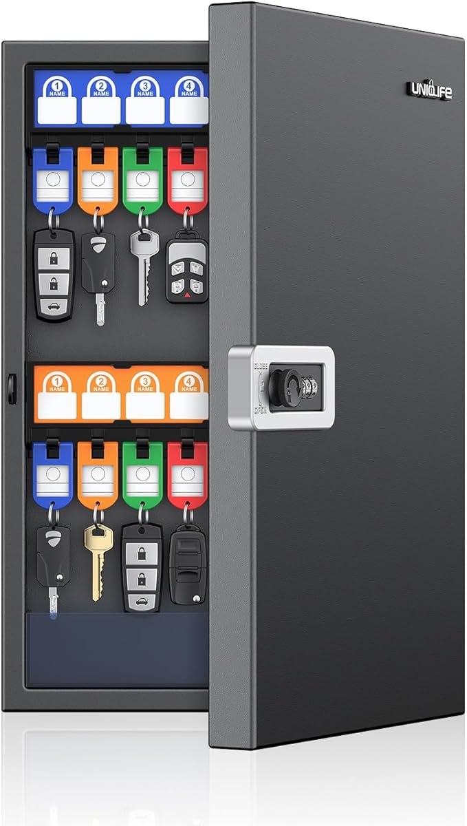Uniclife 32 Keys Key Lock Box, Wall Mount Key Box, Key Cabinet, Car Key Organizer with Writable Key Racks and Tags, Security Key Holder Storage Box for Office, Hotel & Company