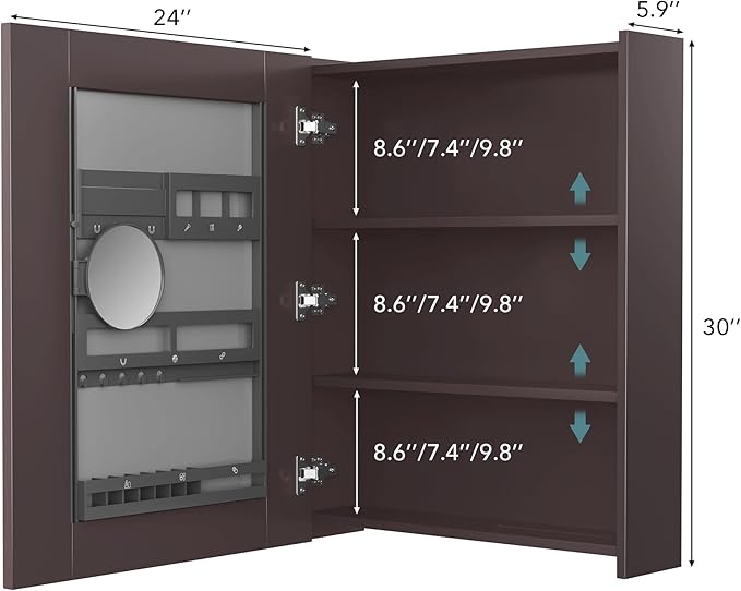 Bathroom Mirror Cabinet - Large Single Door 24x30 inchs Wall Cabinet Bathroom Vanity Mirror Cabinet with Facial Tissues Slot and Multifunctional Storage Area
