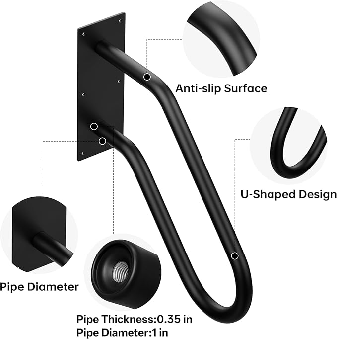 Aduanbang Wall Mount Handrail, Non-Slip U-Shape Stair Safety Grab Bar, Heavy Duty Powder Coated Metal for 1-2 Steps, Indoor/Outdoor Use, Garage Porch Garden Stair Railing - Black