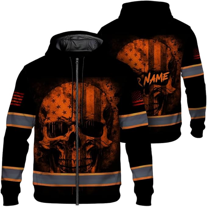 Maddly Hi Vis Reflective Zip Up Hoodie, High Visibility Safety Jacket with Skull Design for runner, worker, trucker, cyclist