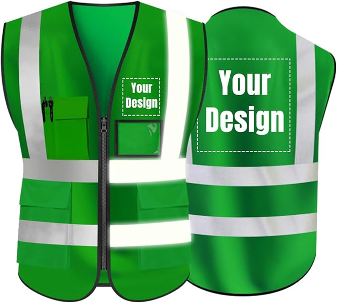 YOWESHOP High Visibility Safety Vest Custom Your Logo Protective Workwear 5 Pockets With Reflective Strips Outdoor Work Vest (Green (3XL))