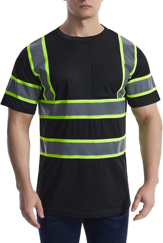 High Visibility Shirts Quick Dry Safety T Shirts with Reflective Strips and Pocket Short Sleeve Mesh Hi Vis Construction Work Class 2 Shirt for Men/Women Black,6XL