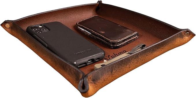 Valet Tray – Full-Grain Leather Catchall Organizer for Keys, Phone & Wallet – Rustic Nightstand & Desk Tray with Raised Sides – Handmade in USA (Vintage Brown, Medium Square)
