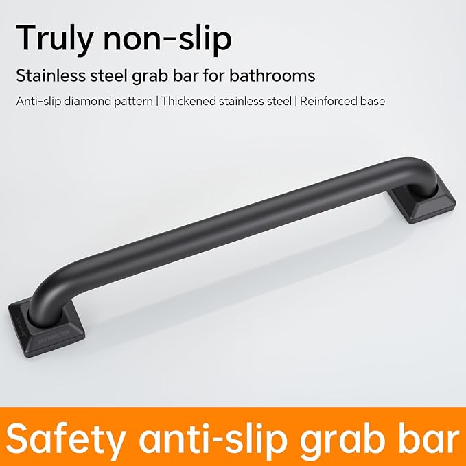 joyrain 500lb Capacity Stainless Steel Grab Bar - Heavy Duty Bathroom Safety Rail for Elderly, Anti-Slip Shower Handle, ADA Compliant (Matte Black, 18inch)