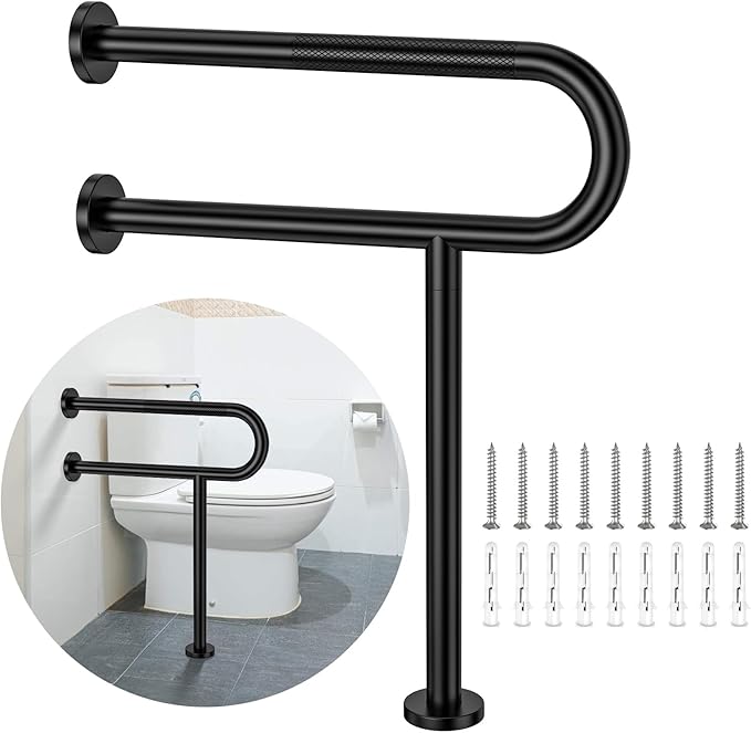 Toilet Support Rail 23.4X 28 Inch, Munzong Anti-Slip Black Handicap Grab Bar for Bathroom, Stainless Steel Knurled Safety handrails with Leg for Elderly Disabled Pregnant-1.25’Tube