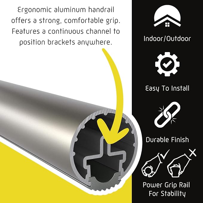 Promenaid 18ft ADA Handrail Kit - Silver - Complete Indoor/Outdoor Handrail for Stairs - 1.6" Round Anodized Aluminum Railing with 8 Silver Painted Pivoting Brackets & ADA Wall Returns