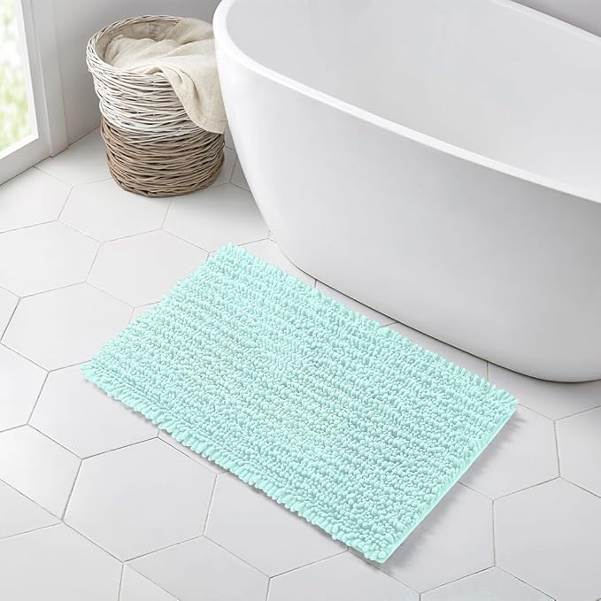 Walensee Large Bathroom Rug Non Slip Bath Mat (24x60 Inch Spa Blue) Water Absorbent Super Soft Shaggy Chenille Machine Washable Dry Extra Thick Perfect Absorbant Best Plush Carpet for Shower Floor