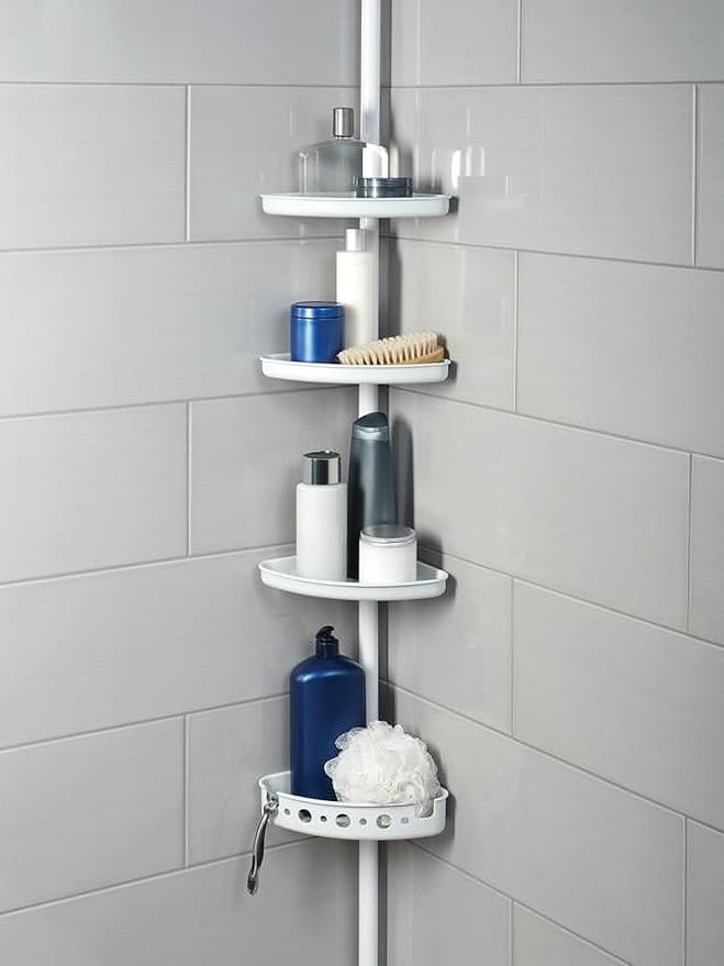 4-Tier Tension Corner Shower Caddy, White Steel Pole, Adjustable 60-96 Inches, 3 Shelves with Deep Basket, Rust-Resistant Finish