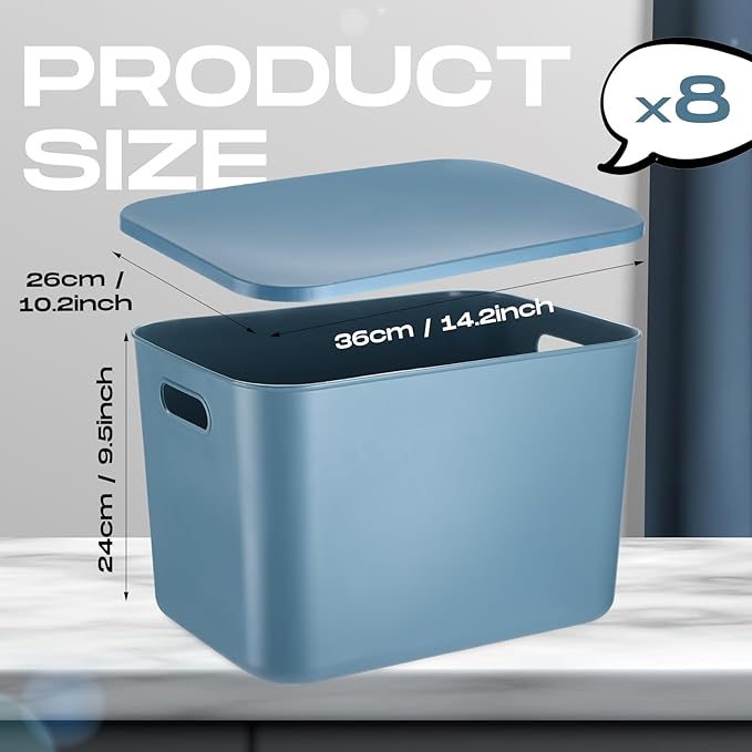 Hoolerry 8 Pieces Colorful Storage Bins with Lid, Plastic Storage Basket Organizing Container Stackable Box with Handle for Shelves Desktop Playroom Office(14.2 x 10.2 x 9.5 Inch,Blue)