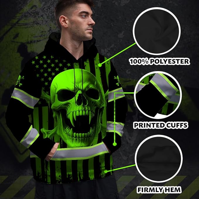 Matedecor Skull US Flag Reflective High Visibility Hoodie For Men Construction Hi Vis Safety Workwear Custom Name