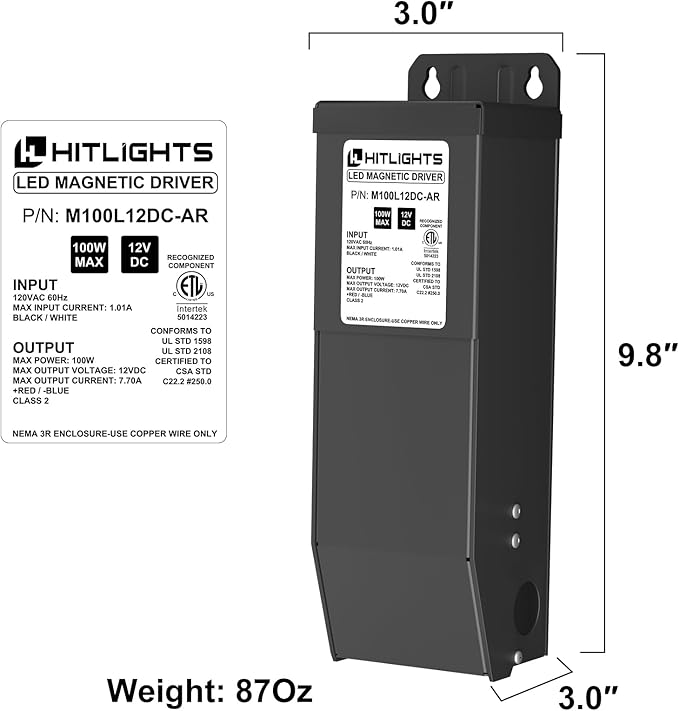 HitLights Dimmable LED Driver Transformer 12V 100W, Magnetic Power Supply 120VAC to 12VDC, Compatible with Lutron and Leviton Dimmers, for LED Strip Light, Kitchen, Cabinet, Class 2, ETL Listed